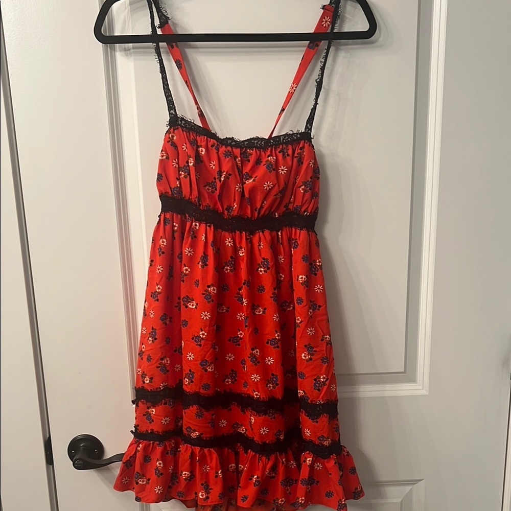 Urban Outfitters Red Floral Dress with Black Lace Trim